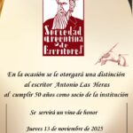 Distinción al escritor Antonio Las Heras al cumplir 50 años de miembro activo de la Sociedad Argentina de Escritores (SADE)