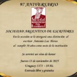 Distinción al escritor Antonio Las Heras al cumplir 50 años de miembro activo de la Sociedad Argentina de Escritores (SADE)